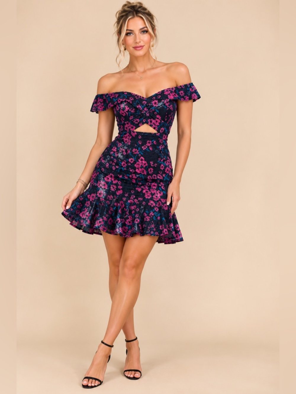 WAYF Pink & Black Janet Off Shoulder Floral Sequin Dress NEW Size Medium $119